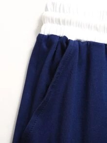 SHEIN Teen Girls' Contrast Color Polo Collar Fitted Short Sleeve Top & Waist Ruched Skirt 2 Pieces Set, Navy Blue & White, Spring/Summer - Royal Blue - View 5