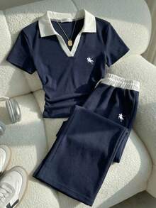 SHEIN Teen Girls' Contrast Color Polo Collar Fitted Short Sleeve Top & Waist Ruched Skirt 2 Pieces Set, Navy Blue & White, Spring/Summer - Royal Blue - View 3