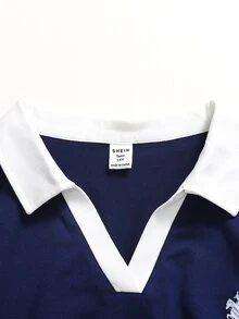SHEIN Teen Girls' Contrast Color Polo Collar Fitted Short Sleeve Top & Waist Ruched Skirt 2 Pieces Set, Navy Blue & White, Spring/Summer - Royal Blue - View 6