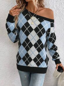 SHEIN LUNE Women's Off-Shoulder Sweater, Y2K Elegant Argyle Pattern Round Neck Long Sleeve Knit Pullover, Casual Outdoor Wear, Autumn/Winter - Multicolor - View 4