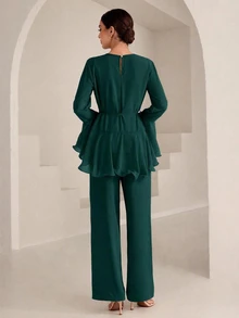 Graceveil 深綠色圓領喇叭袖寬鬆版型喇叭裙，女款兩件套，適合日常穿著、辦公室、秋季、端莊風格 - 墨綠色 - 查看 3