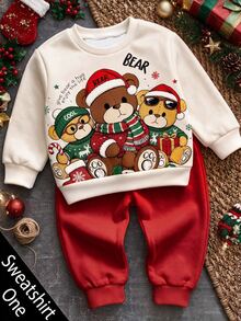 Baby Boy Crew Neck Casual Pullover Sweatshirt, Classic Christmas Pattern Print, Christmas Three Cute Bears Pattern Print, Christmas Gift Pattern Print, Suitable For Christmas - Multicolor - View 2
