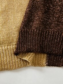 SHEIN Fall Winter Color‑Block V‑Neck Knit Sweater, Contrast Split Color Long Sleeve Loose Top - Coffee Brown - View 6