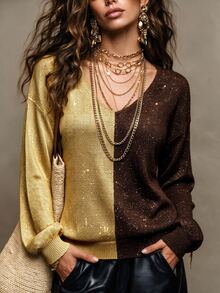 SHEIN Fall Winter Color‑Block V‑Neck Knit Sweater, Contrast Split Color Long Sleeve Loose Top - Coffee Brown - View 8
