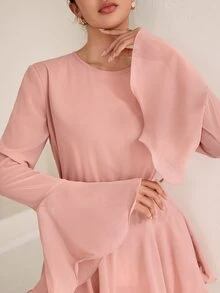 Graceveil 灰粉色圓領喇叭袖寬鬆版型裙，女款兩件套，適合日常穿著、早午餐、秋季、端莊優雅、茶會、晚餐、日常 - 粉色 - 查看 3