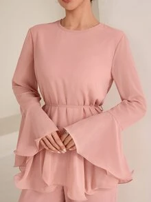 Graceveil 灰粉色圓領喇叭袖寬鬆版型裙，女款兩件套，適合日常穿著、早午餐、秋季、端莊優雅、茶會、晚餐、日常 - 粉色 - 查看 4