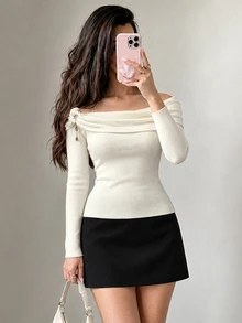 Modelyn Áo len nữ trễ vai cao cấp tay dài mùa thu/đông - Màu be - Xem 5