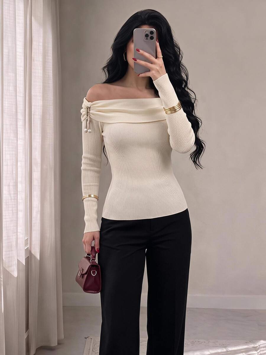 Modelyn Áo len nữ trễ vai cao cấp tay dài mùa thu/đông - Màu be - Xem 1
