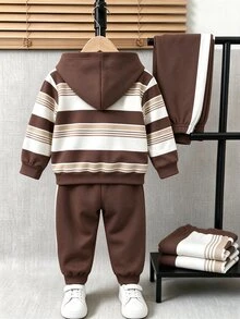 小男孩 2 件套休閒時尚春/秋/冬男孩連帽衫與運動長褲套裝，學院風條紋小馬圖案，彈性柔軟面料，春/秋/冬男孩套裝，適合休閒外出、返校、派對、戶外野餐、街拍、校園、假期、禮物 - 彩色 - 查看 2