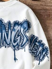 Tween Boys Sweatshirt Street White Blue Graffiti Letter Print Long Sleeve Drop Shoulder Crew Neck Regular Fall School Back To School - Multicolor - View 5