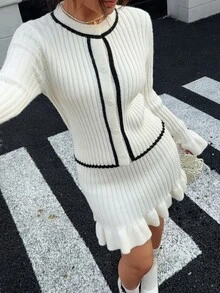 Teen Girl Colorblock Long Sleeve Top And Skirt Casual Knit Set Winter - White - View 7