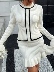 Teen Girl Colorblock Long Sleeve Top And Skirt Casual Knit Set Winter - White - View 4