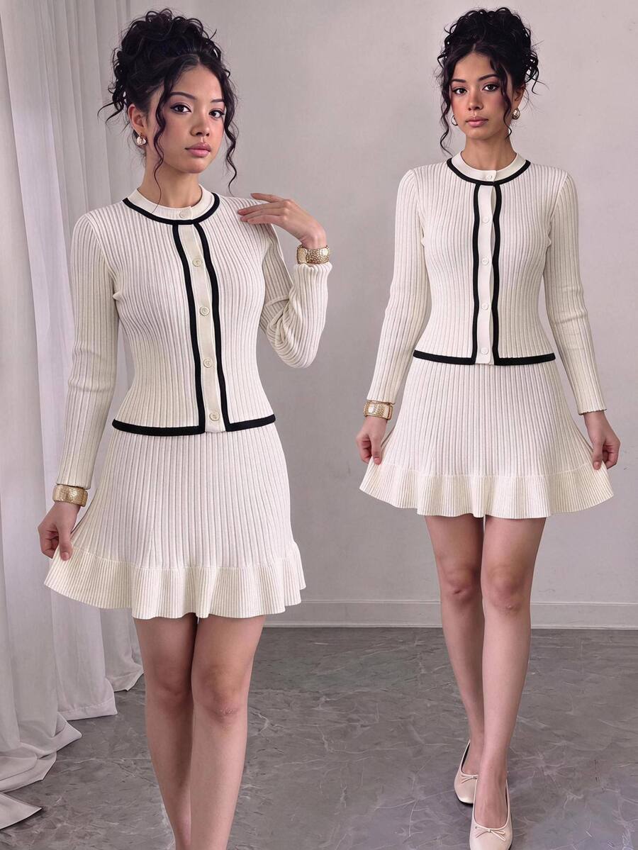 Teen Girl Colorblock Long Sleeve Top And Skirt Casual Knit Set Winter - White - View 1