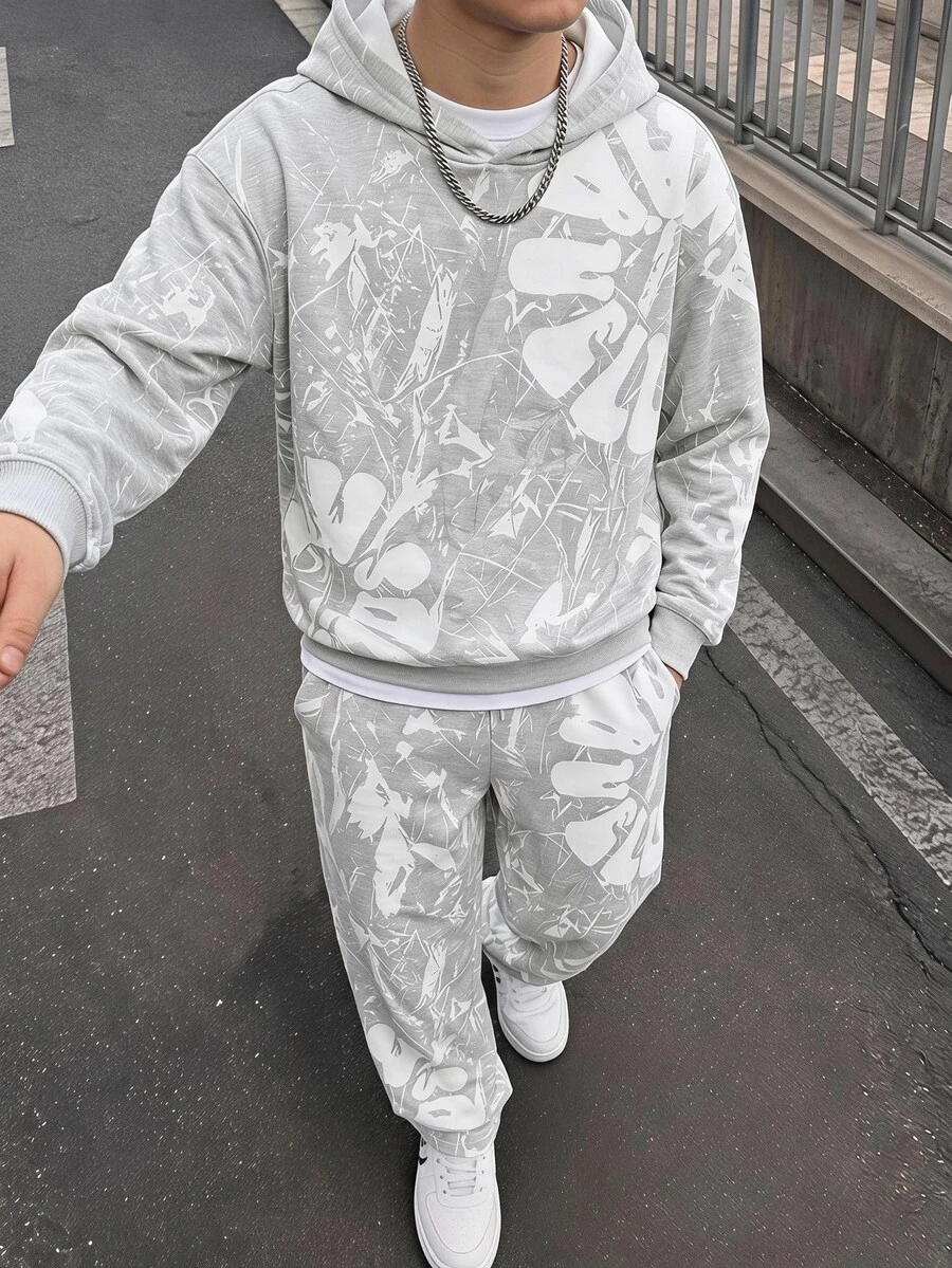 青少年男孩街頭風運動休閒連帽衛衣,淺灰色大理石紋字母長袖寬鬆款,開學季秋季Y2K風格,適合舞蹈與度假 - 彩色 - 查看 1