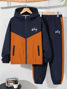 SHEIN 2件組青少年男孩街頭風連帽衫與拉鍊夾克套裝，深藍與橘色拼接，休閒運動風學生穿搭 - 彩色 - 查看 3