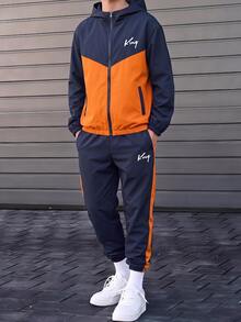 SHEIN 2件組青少年男孩街頭風連帽衫與拉鍊夾克套裝，深藍與橘色拼接，休閒運動風學生穿搭 - 彩色 - 查看 8