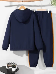 SHEIN 2件組青少年男孩街頭風連帽衫與拉鍊夾克套裝，深藍與橘色拼接，休閒運動風學生穿搭 - 彩色 - 查看 2