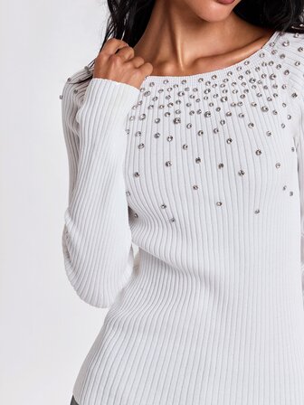 Y2K Automne/Hiver Tenue de Soirée Sexy de Luxe Banquet Minuit Pull Femme Col Bateau Ajusté Manches Longues Décoration Broderie Paillettes Dégradé