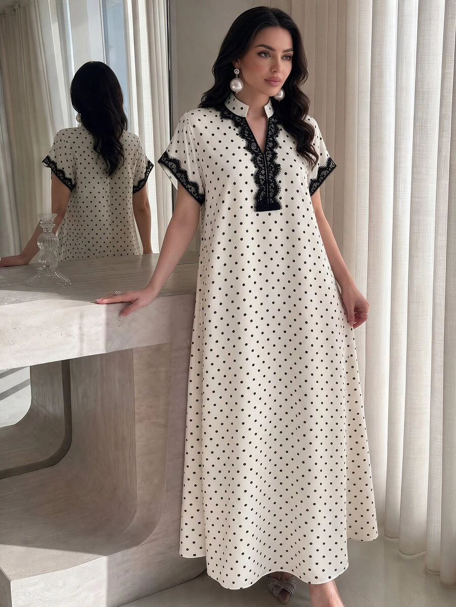 Mulvari 優雅端莊女款秋季日常阿拉伯長裙，精緻刺繡飾邊，小立領，白色晨間正式洗禮賓客禮服