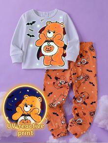 SHEIN X Care Bears Young Girl Halloween Bear Print Pajamas Set - Burnt Orange - View 2