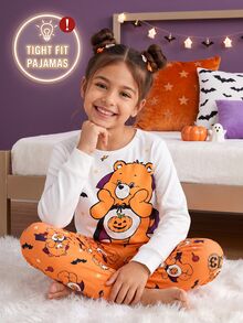 SHEIN X Care Bears Young Girl Halloween Bear Print Pajamas Set - Burnt Orange - View 3