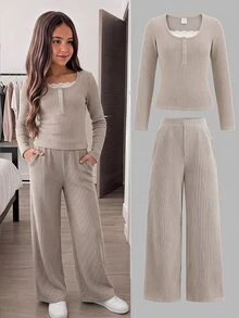 Tween Girls Casual Fashion Kids Khaki Ribbed Knit 2 In 1 Contrast Lace Half- Pullover Long Sleeve T-Shirt With Loose Straight Leg Pants 2 Pieces Set - Khaki - View 3