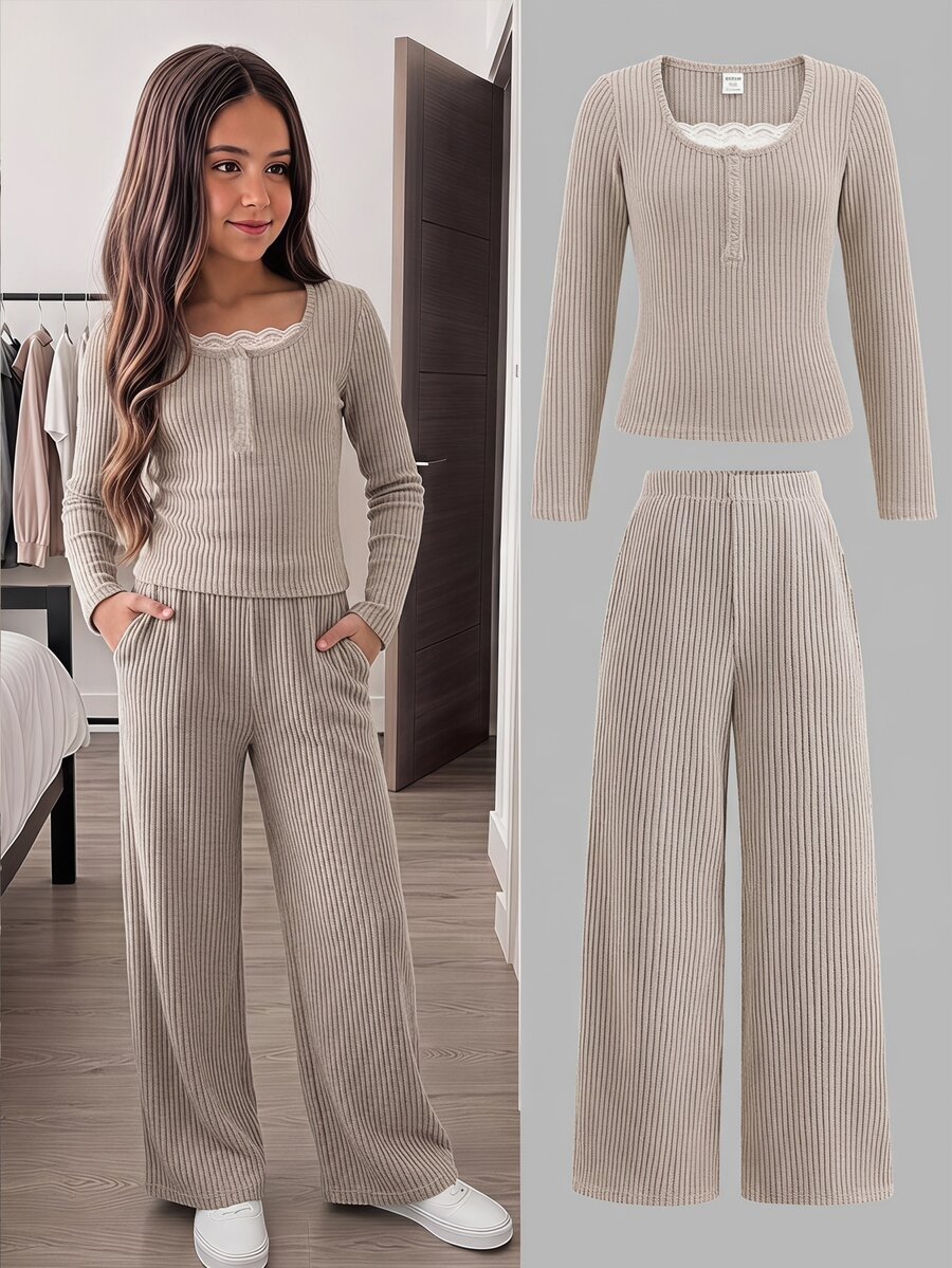 Tween Girls Casual Fashion Kids Khaki Ribbed Knit 2 In 1 Contrast Lace Half- Pullover Long Sleeve T-Shirt With Loose Straight Leg Pants 2 Pieces Set - Khaki - View 1