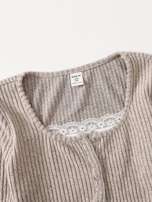Tween Girls Casual Fashion Kids Khaki Ribbed Knit 2 In 1 Contrast Lace Half- Pullover Long Sleeve T-Shirt With Loose Straight Leg Pants 2 Pieces Set - Khaki - View 2