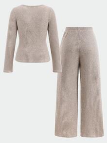 Tween Girls Casual Fashion Kids Khaki Ribbed Knit 2 In 1 Contrast Lace Half- Pullover Long Sleeve T-Shirt With Loose Straight Leg Pants 2 Pieces Set - Khaki - View 6