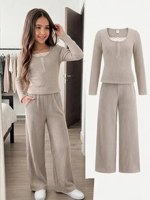 Tween Girls Casual Fashion Kids Khaki Ribbed Knit 2 In 1 Contrast Lace Half- Pullover Long Sleeve T-Shirt With Loose Straight Leg Pants 2 Pieces Set - Khaki - View 4