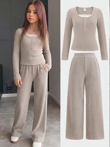 Tween Girls Casual Fashion Kids Khaki Ribbed Knit 2 In 1 Contrast Lace Half- Pullover Long Sleeve T-Shirt With Loose Straight Leg Pants 2 Pieces Set - Khaki - View 1