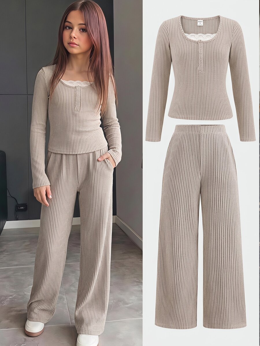 Tween Girls Casual Fashion Kids Khaki Ribbed Knit 2 In 1 Contrast Lace Half- Pullover Long Sleeve T-Shirt With Loose Straight Leg Pants 2 Pieces Set - Khaki - View 1