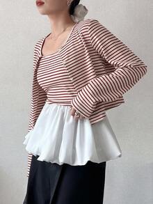 FRIFUL 女款條紋拼色細肩帶背心上衣與長袖開襟衫休閒日常兩件套 秋季 - 紅色 - 查看 5