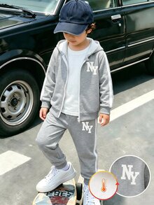 2件組小男孩休閒灰色字母圖案長袖連帽抓絨外套與運動長褲套裝，適合秋冬返校穿著 - 彩色 - 查看 3