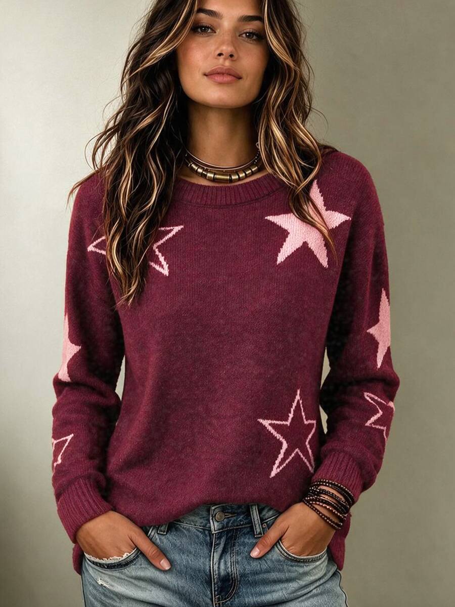 SHEIN Star Pattern Drop Shoulder Sweater,Long Sleeve Tops Knit Pullover Fall Winter Sweater - Burgundy - View 1