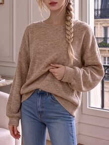 Cévolie Women's Round Neck Loose Long Sleeve Top, Back Large Bow Design Open Back Versatile Casual Short Sweatshirt - Coffee Brown - View 2