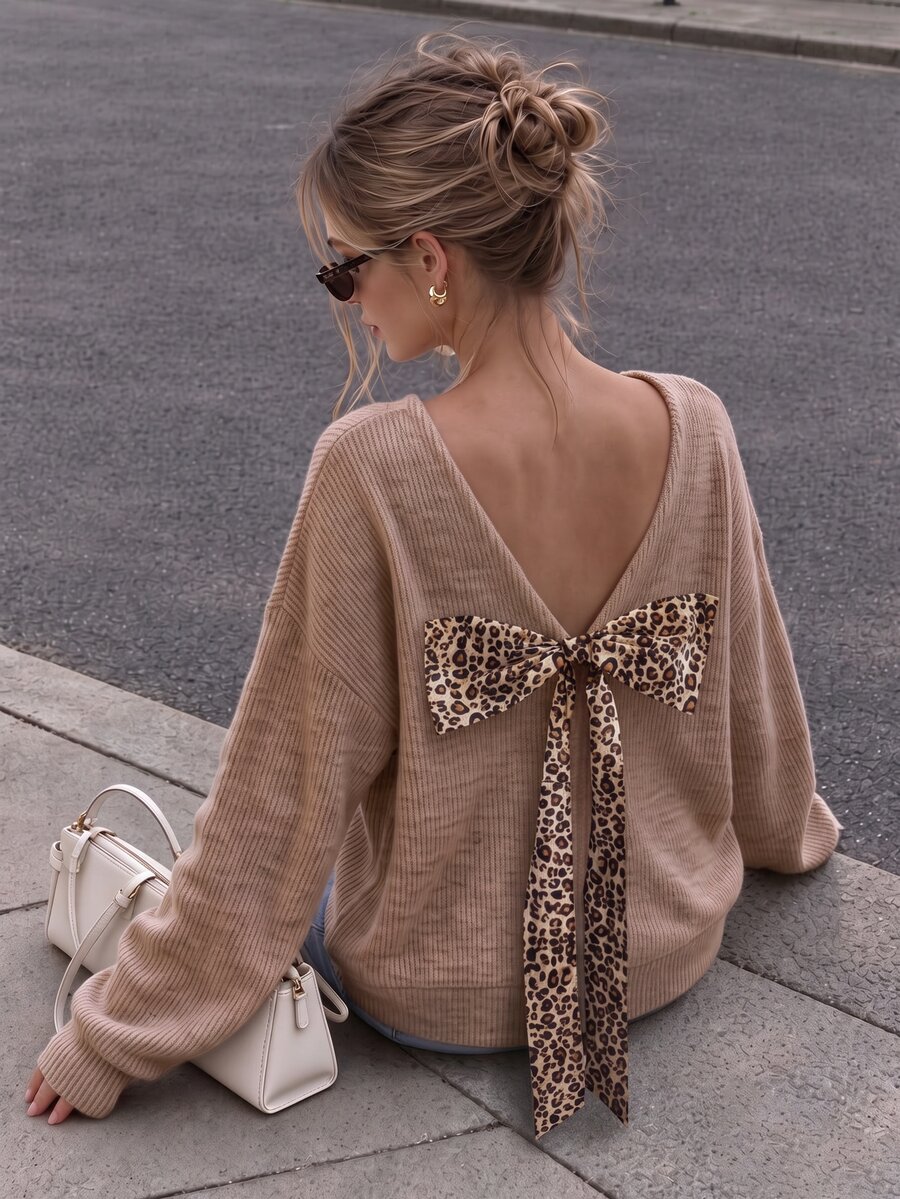 Cévolie Women's Round Neck Loose Long Sleeve Top, Back Large Bow Design Open Back Versatile Casual Short Sweatshirt - Coffee Brown - View 1