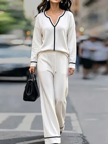 RosyDaze 6. Minimalist Elegant Contrast Trim V-Neck Long Sleeve Top And Wide Leg Pants 2 Pieces Set For Women - Black and White - View 5