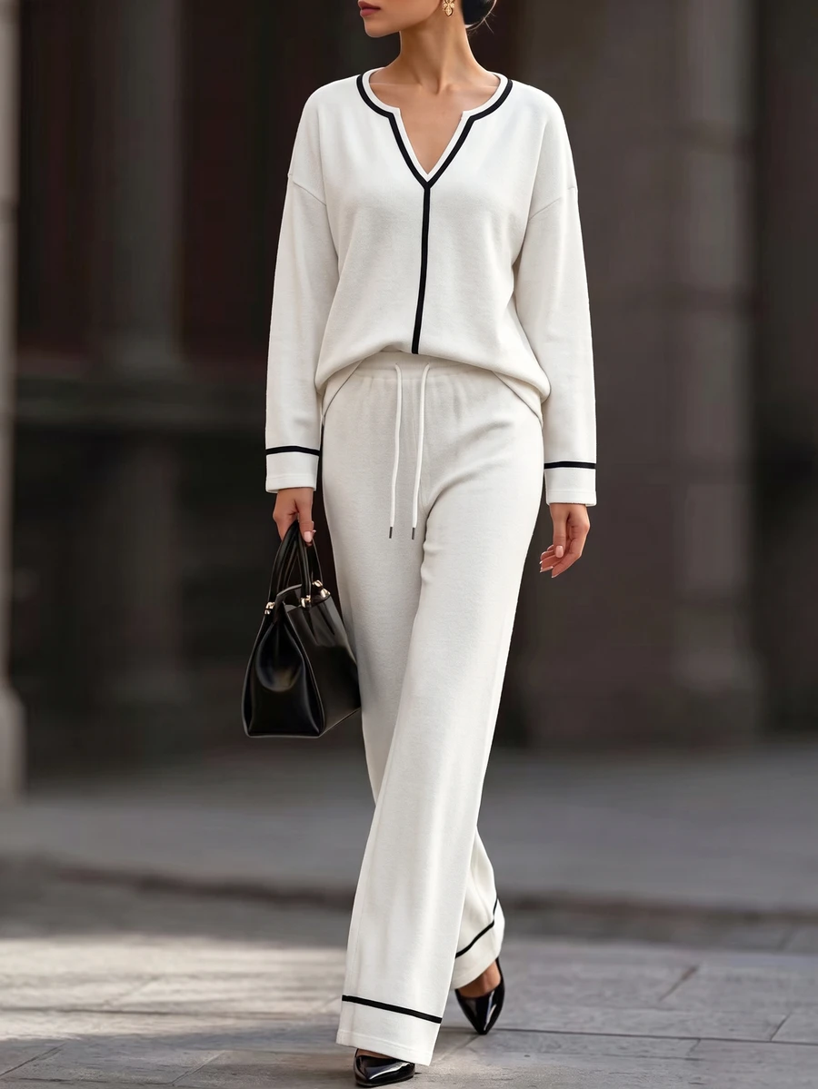 RosyDaze 6. Minimalist Elegant Contrast Trim V-Neck Long Sleeve Top And Wide Leg Pants 2 Pieces Set For Women - Black and White - View 1