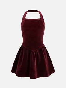 SHEIN 少女掛脖收腰洋裝，適合正式場合、派對、典禮、休閒與日常穿著 - 紅色 - 查看 5