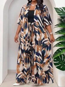 SHEIN Lady Plus Size Women's Vacation All-Over Print Short Sleeve Robe Long Pants Casual Matching Boho Bohemian 2 Pieces Set Beach Beige Summer - Multicolor - View 6