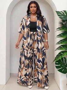 SHEIN Lady Plus Size Women's Vacation All-Over Print Short Sleeve Robe Long Pants Casual Matching Boho Bohemian 2 Pieces Set Beach Beige Summer - Multicolor - View 1