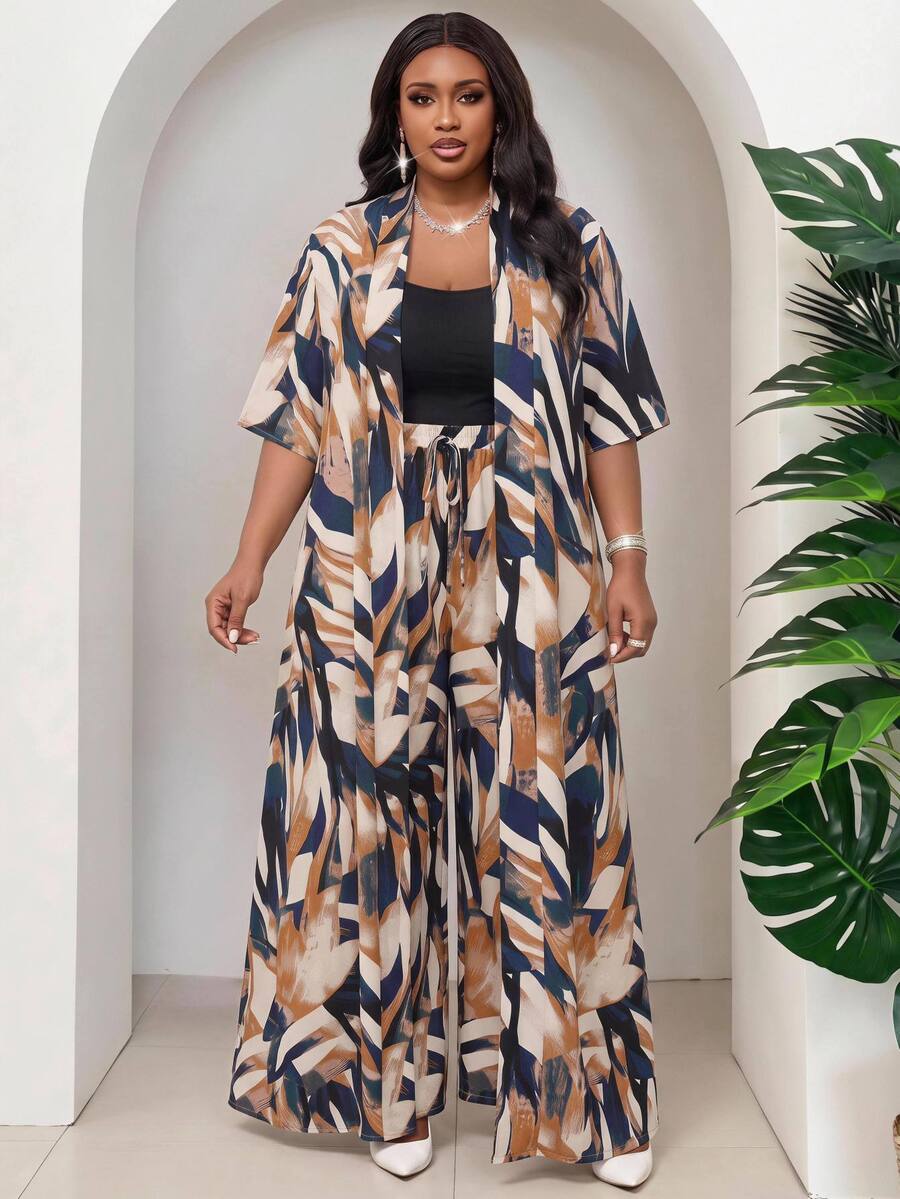 SHEIN Lady Plus Size Women's Vacation All-Over Print Short Sleeve Robe Long Pants Casual Matching Boho Bohemian 2 Pieces Set Beach Beige Summer - Multicolor - View 1