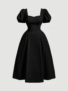 SHEIN MOD 大尺碼黃色方領洋裝，休閒度假、優雅日常穿搭、旅行穿搭，亮色心情造型，解構設計 - 黑色 - 查看 2