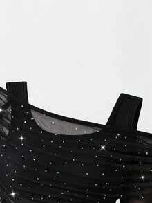 SHEIN 女童春秋新款背心內搭二合一露肩亮片網紗長袖上衣，時尚優雅甜美可愛 - 黑色 - 查看 3