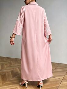 Mulvari 領口鏤空刺繡休閒優雅長洋裝 辦公室晨間穿搭 粉色 秋季 - 藕粉色 - 查看 2