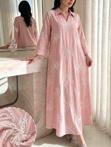 Mulvari 領口鏤空刺繡休閒優雅長洋裝 辦公室晨間穿搭 粉色 秋季 - 藕粉色 - 查看 4