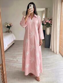 Mulvari 領口鏤空刺繡休閒優雅長洋裝 辦公室晨間穿搭 粉色 秋季 - 藕粉色 - 查看 3