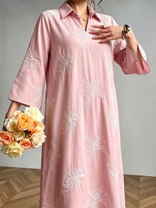 Mulvari 領口鏤空刺繡休閒優雅長洋裝 辦公室晨間穿搭 粉色 秋季 - 藕粉色 - 查看 5
