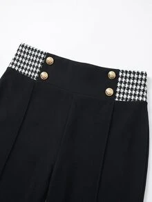 GlowEve CURVE Plus Size Women's Autumn/Winter Minimalist Daily Versatile Commute Business Style Houndstooth Print Patchwork Button Detail Wide Leg Long Pants - Black - View 3